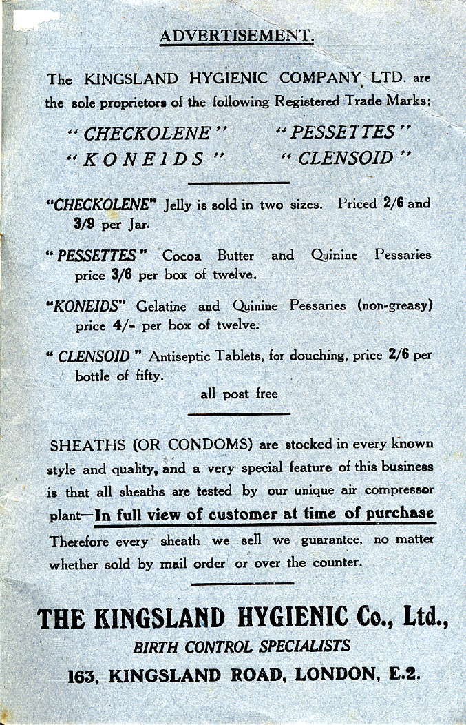 Pubblicità di mezzi contraccettivi 1925 ca.- Regno Unito. - Publicité des contraceptifs - Advertising of contraceptives